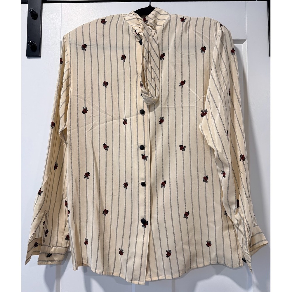 Vintage Sung Sport Floral Striped Blouse w/ Neck Tie Ladies Size Medium